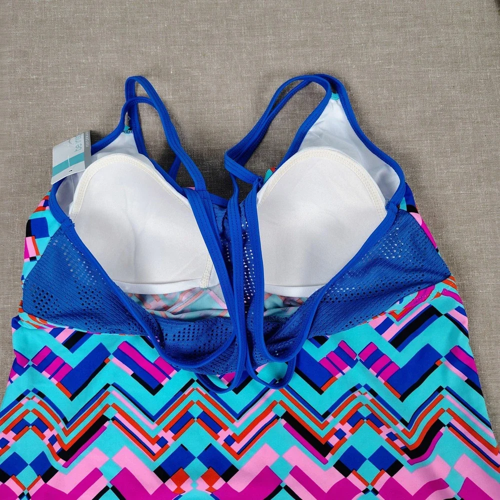 NWT Womens L Be Inspired Tankini Top Multicolor Chevron Geometric Gorpcore Y2K